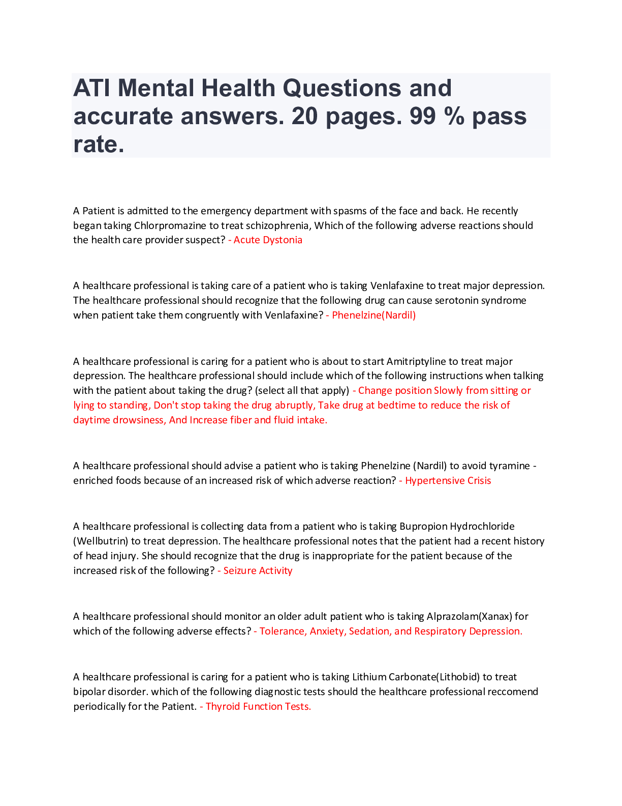 Preview image for ATI Mental Health Questions and accurate answers. 20 pages. 99 % pass rate.